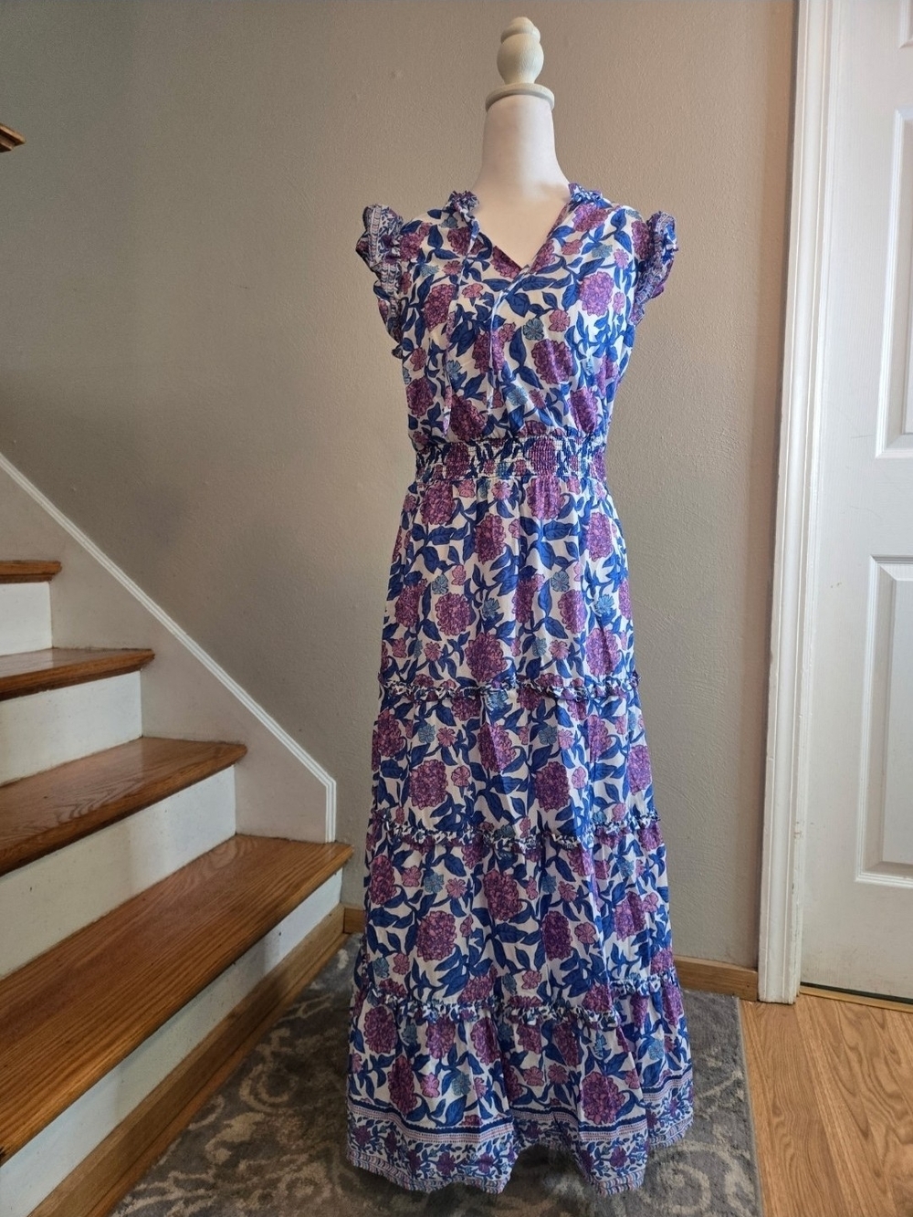 Vineyard Vines Purple Hydrangea Print Maxi Flowy Sleeved Dress Size Small